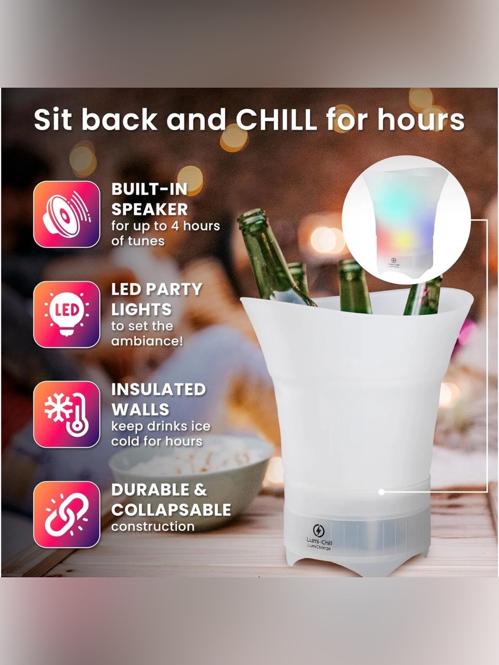 LED Insulated Party Ice Bucket - White